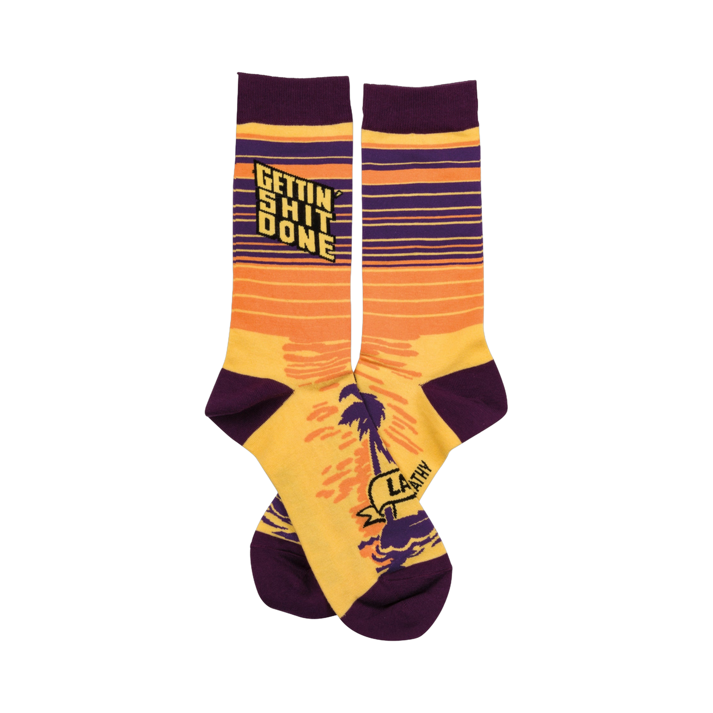 Crew socks in yellow, orange, and purple. Features a sunset stripe design, palm tree graphic, and 'Gettin' Shit Done' text.