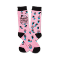Pink crew socks with black toe and heel. Features a teal and black design of crowns, diamonds, wine glasses, and the text 'Queen of Damn Near Everything'.