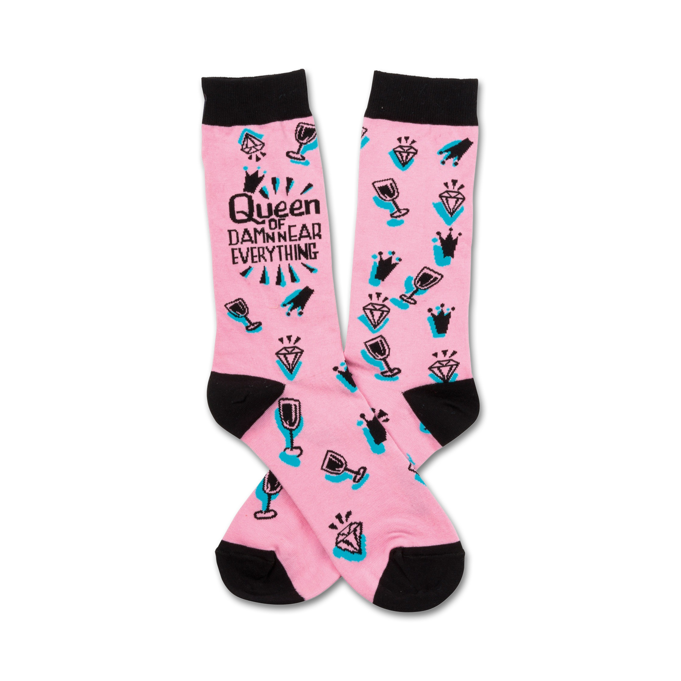 Pink crew socks with black toe and heel. Features a teal and black design of crowns, diamonds, wine glasses, and the text 'Queen of Damn Near Everything'.