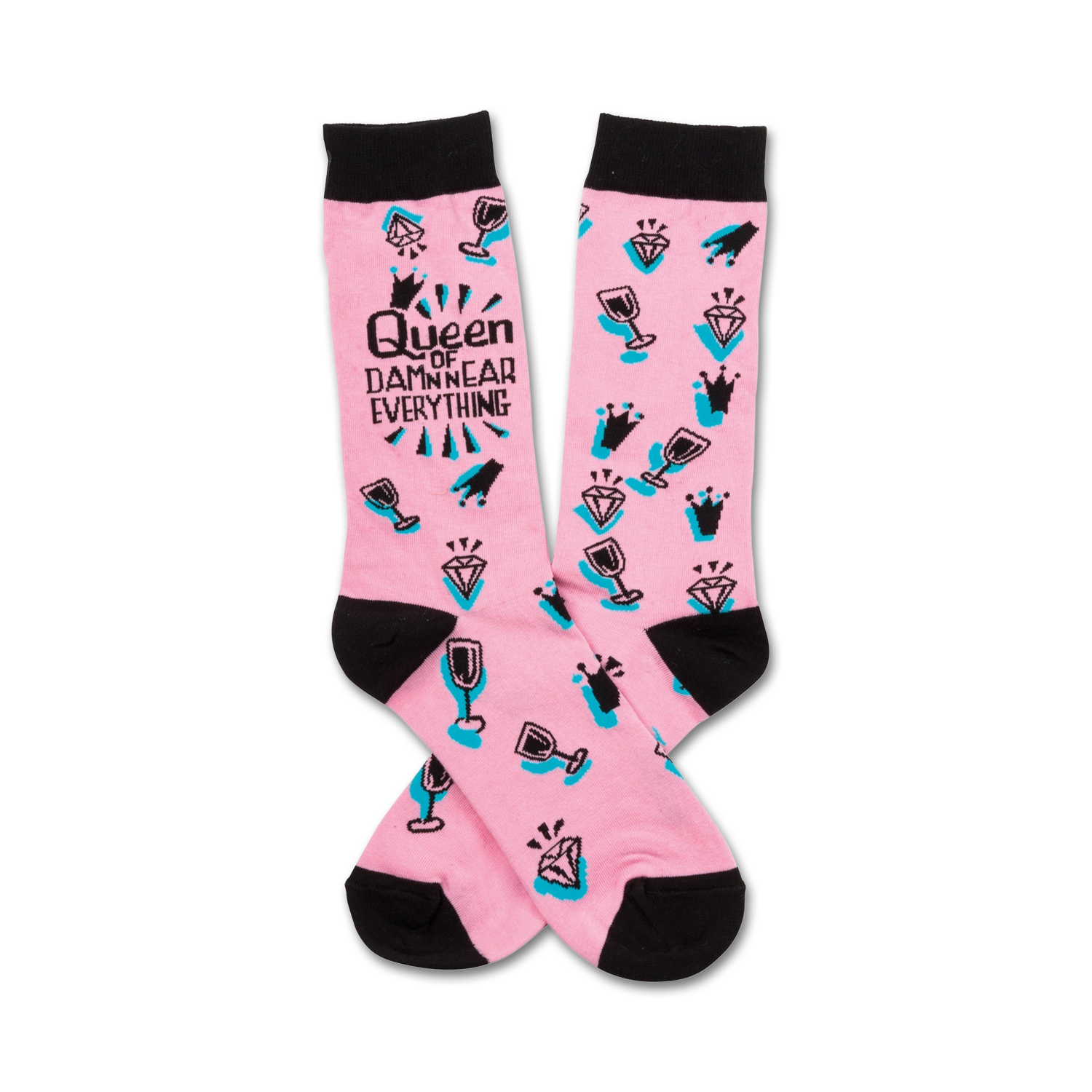 Pink crew socks with black toe and heel. Features a teal and black design of crowns, diamonds, wine glasses, and the text 'Queen of Damn Near Everything'.