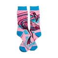 Pair of pink crew socks with a teal and black flamingo design. The words 'Majestically Awkward' are written on the socks.