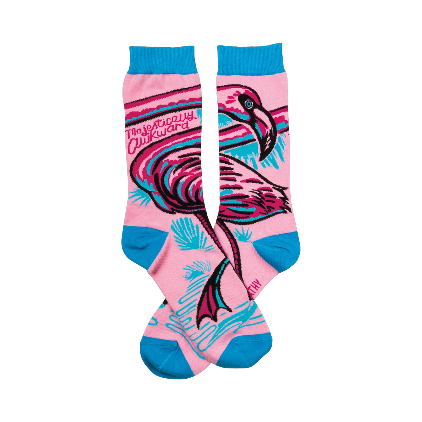 Pair of pink crew socks with a teal and black flamingo design. The words 'Majestically Awkward' are written on the socks.