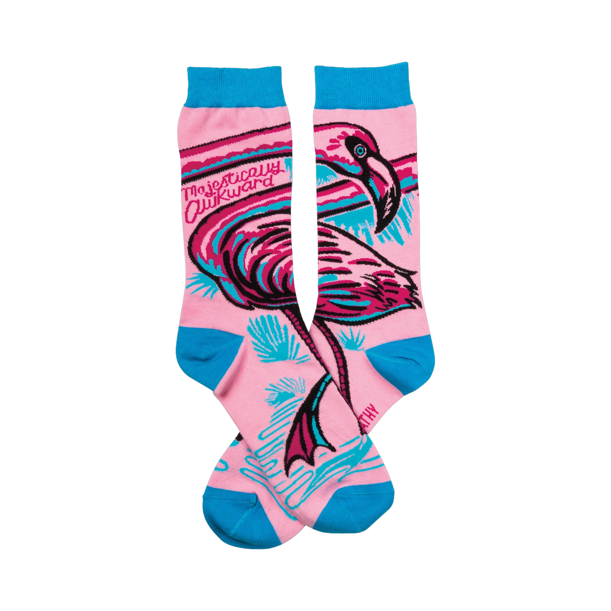 Pair of pink crew socks with a teal and black flamingo design. The words 'Majestically Awkward' are written on the socks.