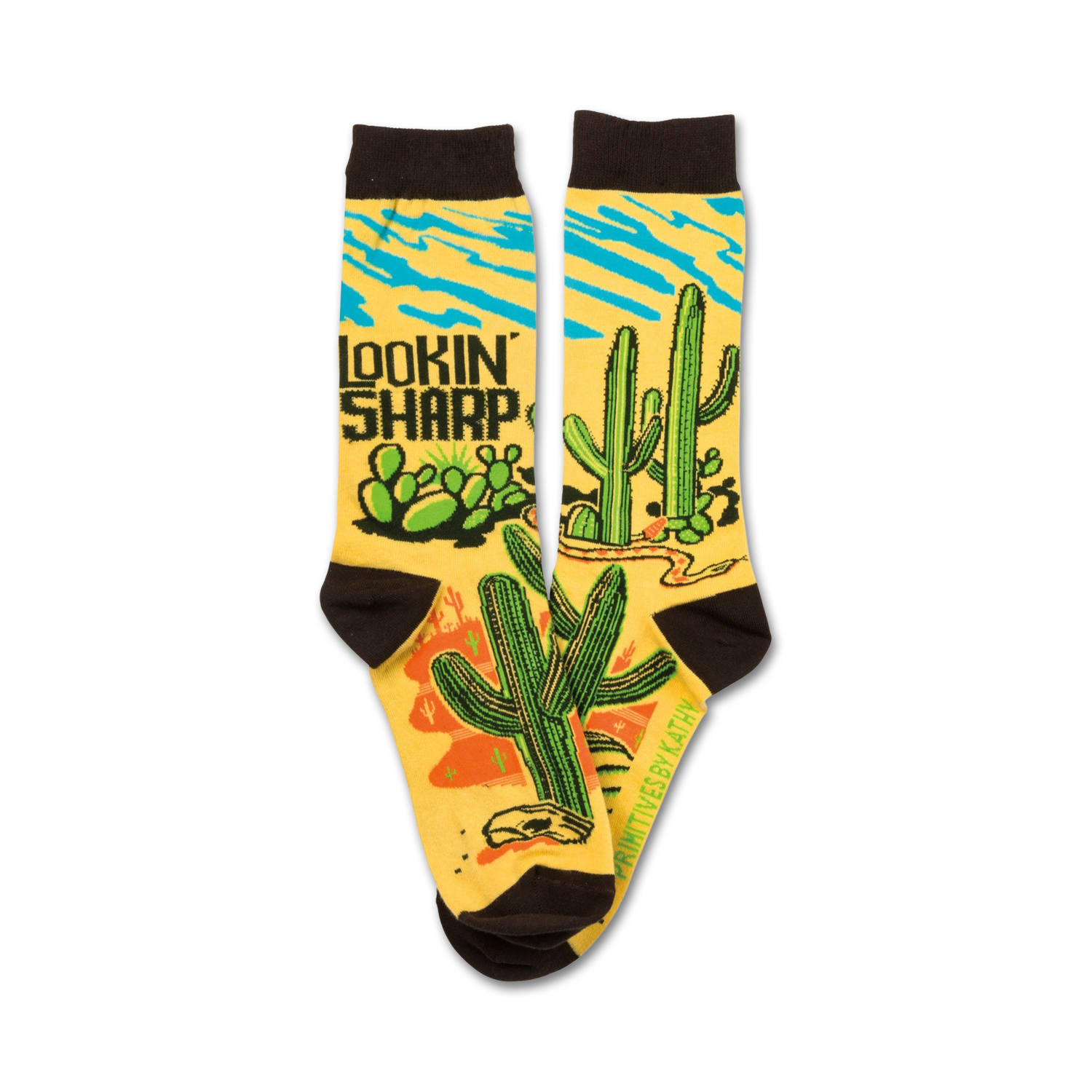 Pair of crew socks, mustard yellow with brown cuffs. Design features cacti, a snake, and the words 'Lookin' Sharp'.