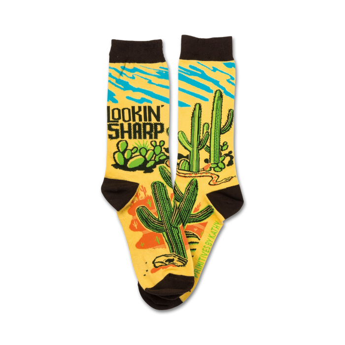 whimsical crew socks featuring cacti, skulls, and a snake on a desert scene background with 