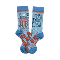Pair of crew socks; light blue with orange text and illustrations of office scenes; 'I like my job' and 'Just Kidding' are visible.