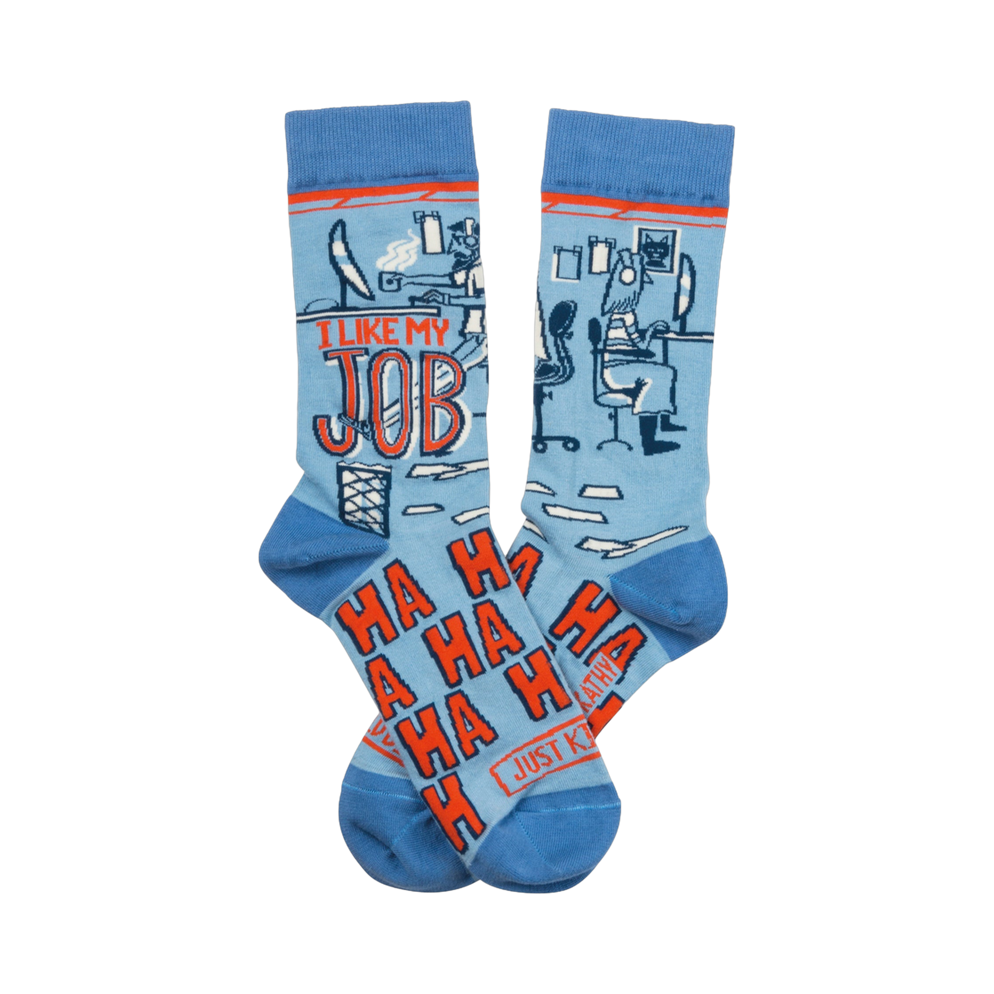 Pair of crew socks; light blue with orange text and illustrations of office scenes; 'I like my job' and 'Just Kidding' are visible.