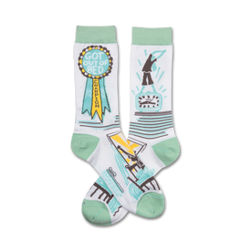 white crew socks with green cuff and heel, champion logo, funny illustration of person leaping out of bed, "got out of bed champion" text, funny theme   