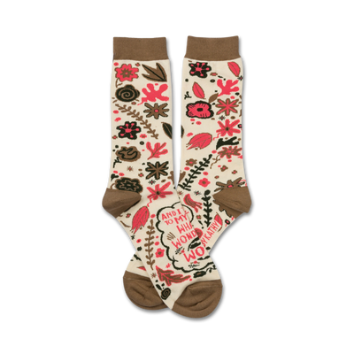 white women's crew socks with brown heel and toe featuring pink and brown floral pattern and the phrase 'and i think to myself what a wonderful world'.    