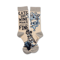 Cream crew socks with a fun design.  Features illustrations of cats and wine glasses, plus the text: 'Cats and wine make everything fine'.