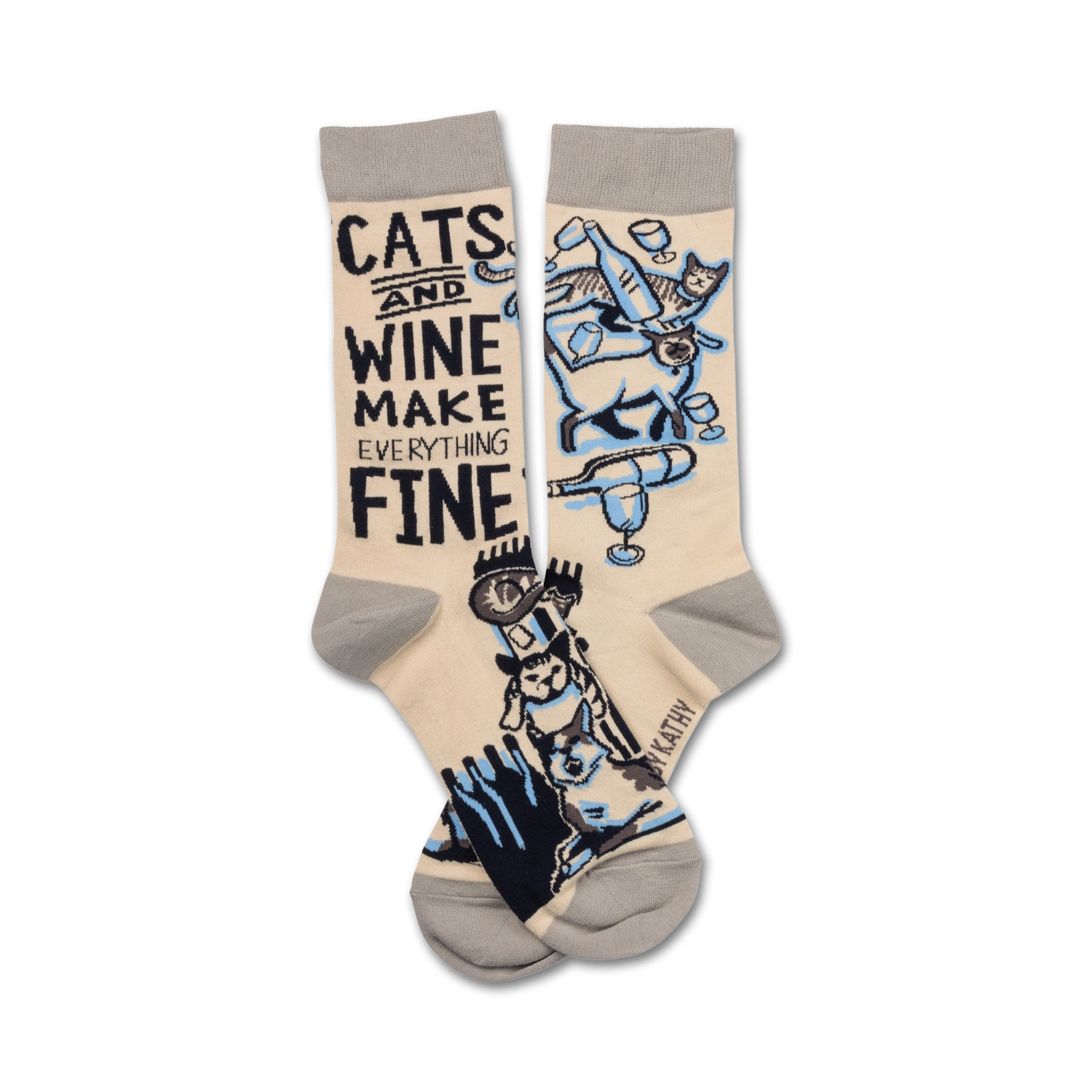 Cream crew socks with a fun design.  Features illustrations of cats and wine glasses, plus the text: 'Cats and wine make everything fine'.