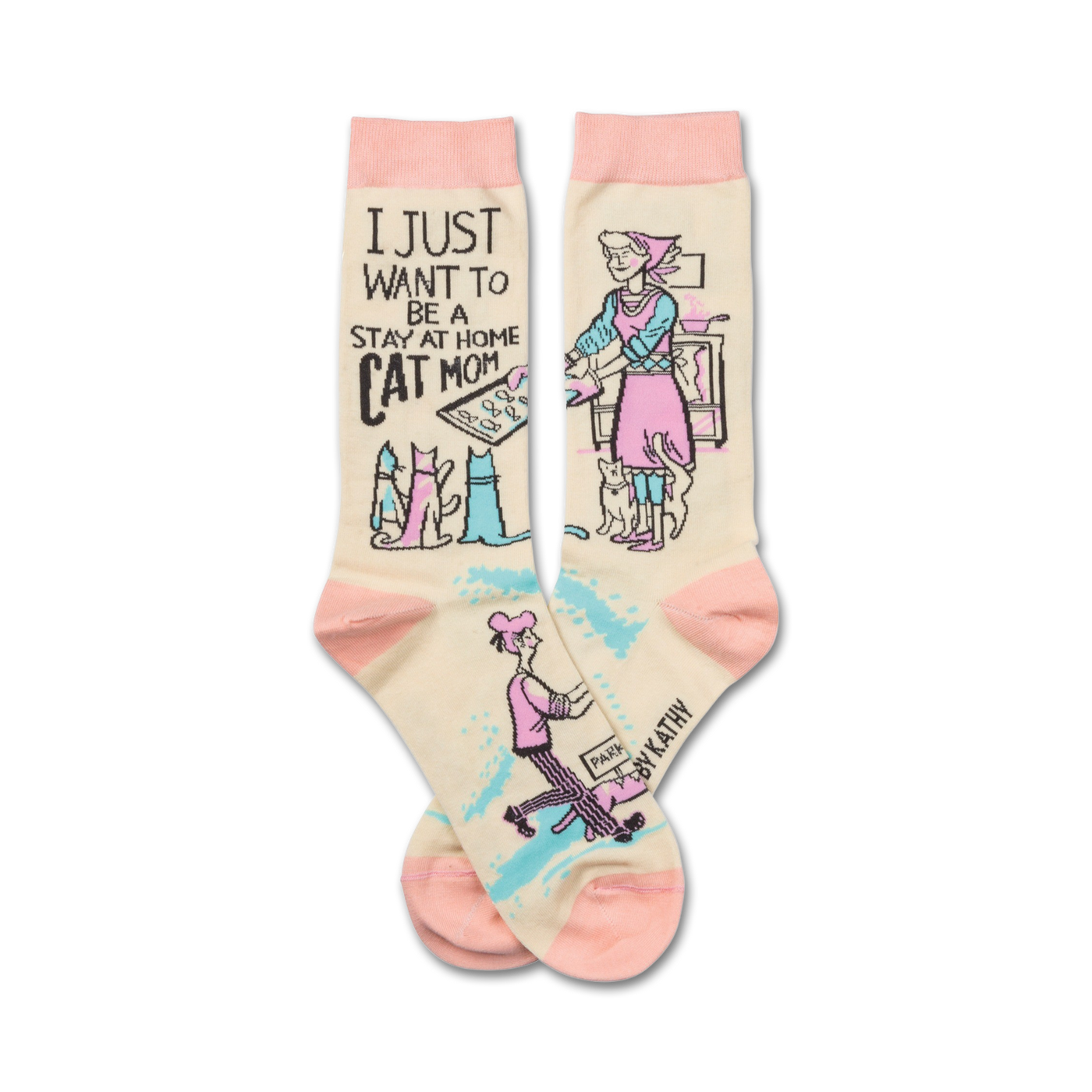 Cream crew socks with pink accents.  Features a design of cats and a woman with text that says 'I just want to be a stay at home cat mom.'