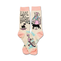 Cream crew socks with pink accents, showcasing illustrations of dogs and a 'Stay-at-Home Dog Mom' theme. 