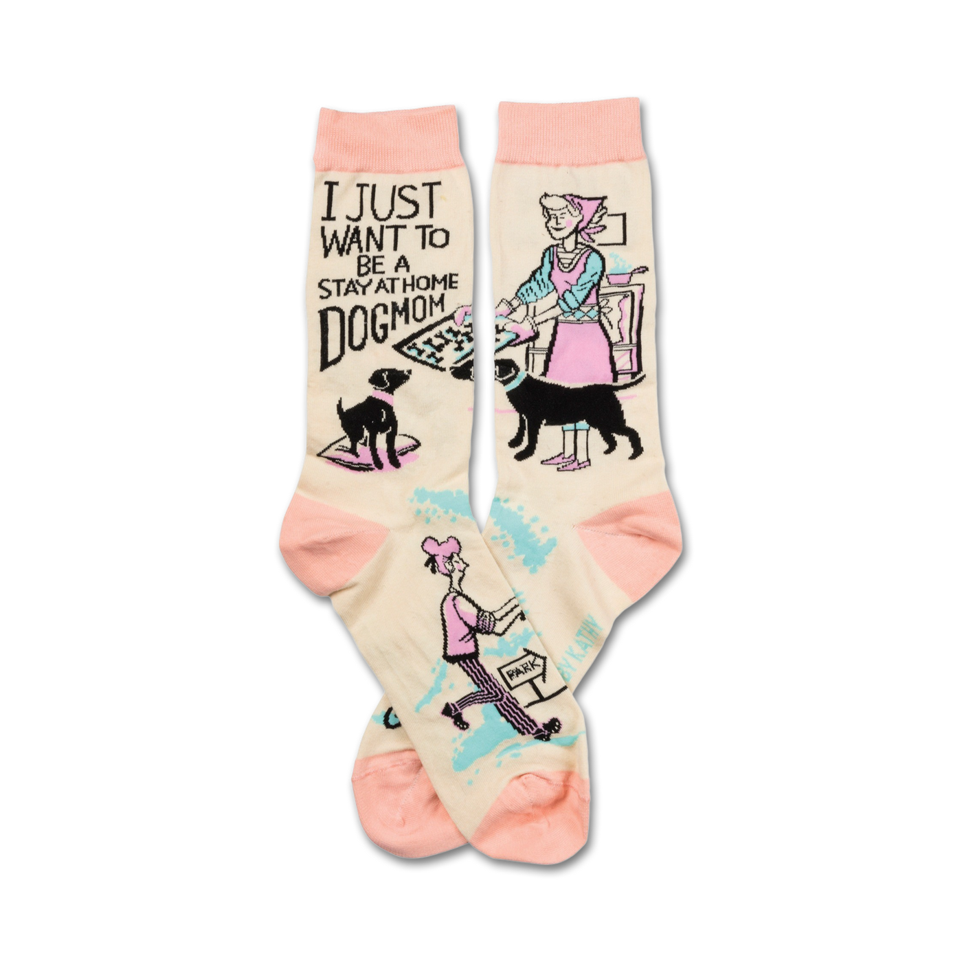 Cream crew socks with pink accents, showcasing illustrations of dogs and a 'Stay-at-Home Dog Mom' theme. 