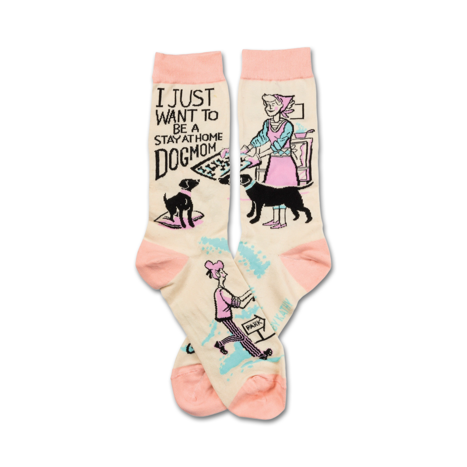 Cream crew socks with pink accents, showcasing illustrations of dogs and a 'Stay-at-Home Dog Mom' theme. 