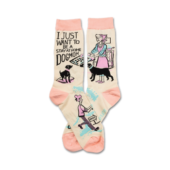 white, pink, and black 'dog mom' socks with cartoon dog and woman in apron.   