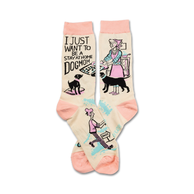 white, pink, and black 'dog mom' socks with cartoon dog and woman in apron.   