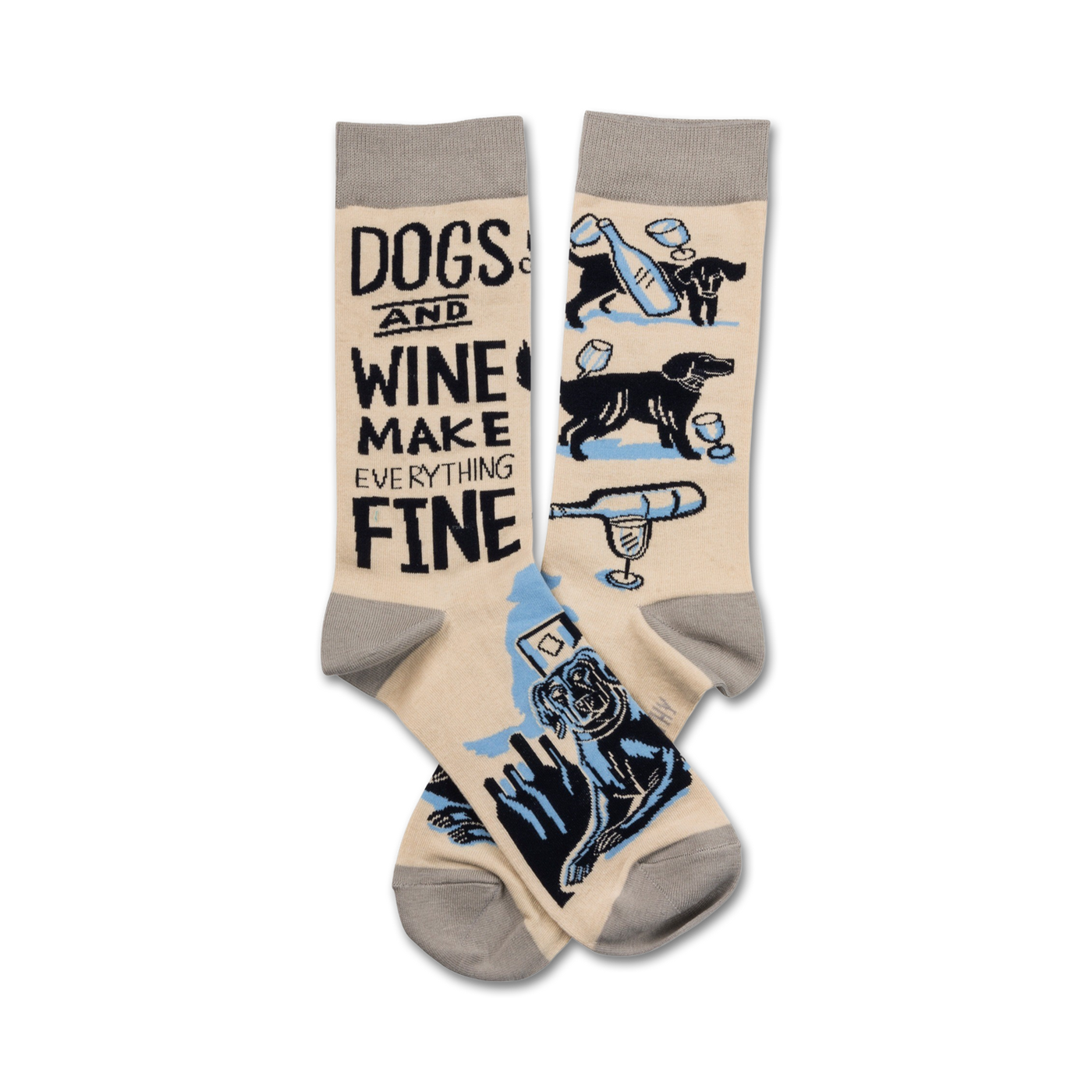 Cream crew socks with a fun design of black dogs, wine bottles, and glasses. Text reads, 'Dogs and Wine Make Everything Fine'.