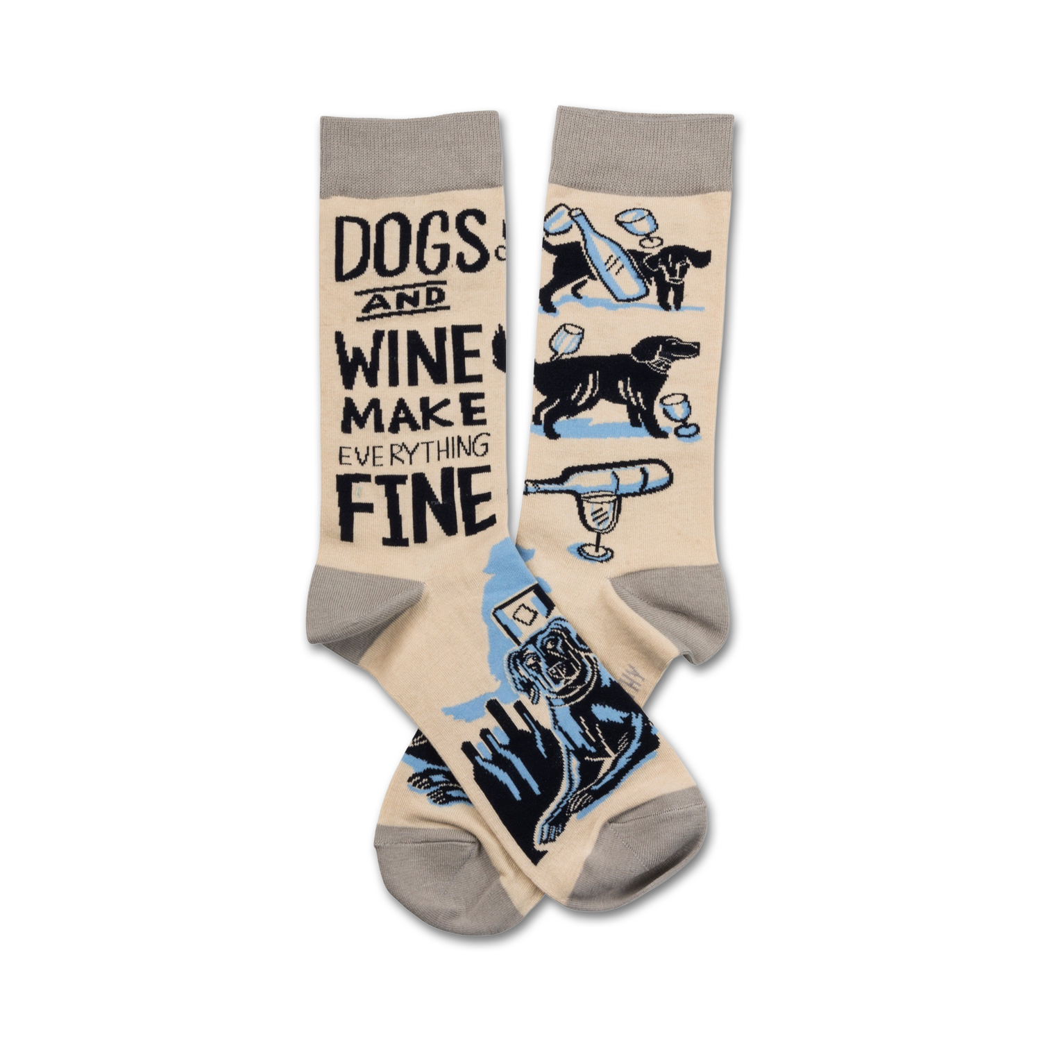 Cream crew socks with a fun design of black dogs, wine bottles, and glasses. Text reads, 'Dogs and Wine Make Everything Fine'.