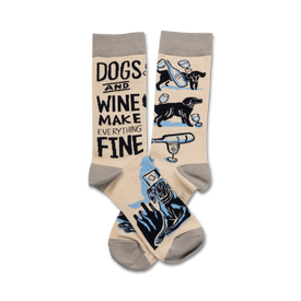 crew height white cotton blend novelty socks with an illustration of dogs and wine glasses, and the phrase "dogs and wine make everything fine" in blue. 