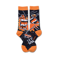 Pair of crew socks, black with orange and white piñata design, text reads 'Let's Smash'