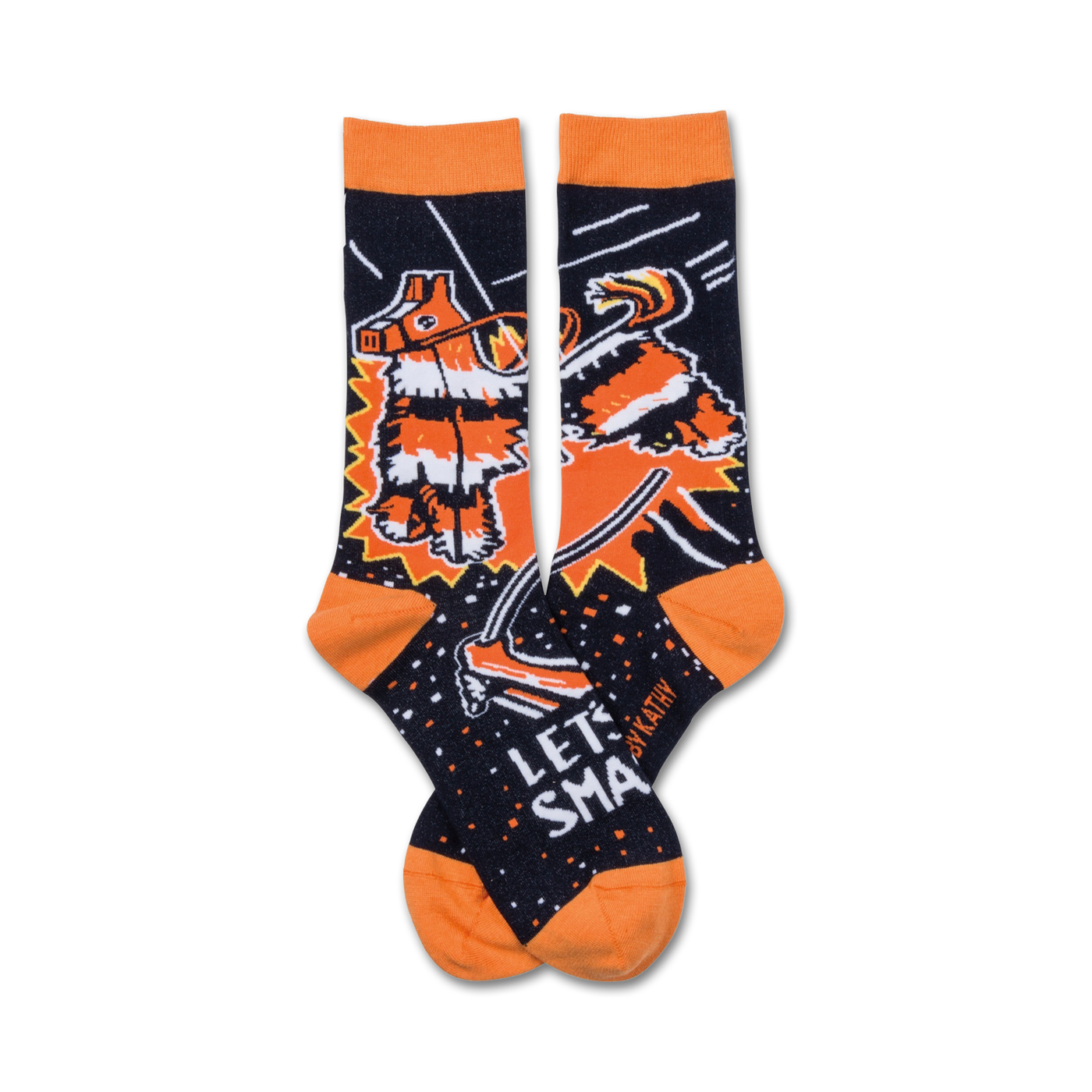 Pair of crew socks, black with orange and white piñata design, text reads 'Let's Smash'