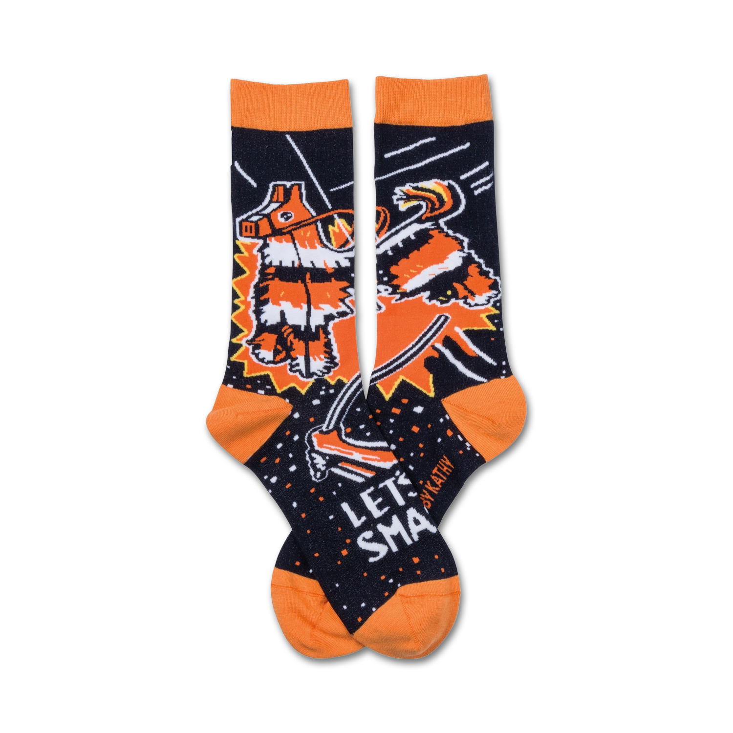 Pair of crew socks, black with orange and white piñata design, text reads 'Let's Smash'