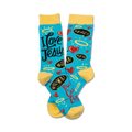 Crew socks in teal with yellow cuffs.  The design features the phrase 'I Love Jesus' along with hearts, halos, and speech bubbles with playful hashtags.