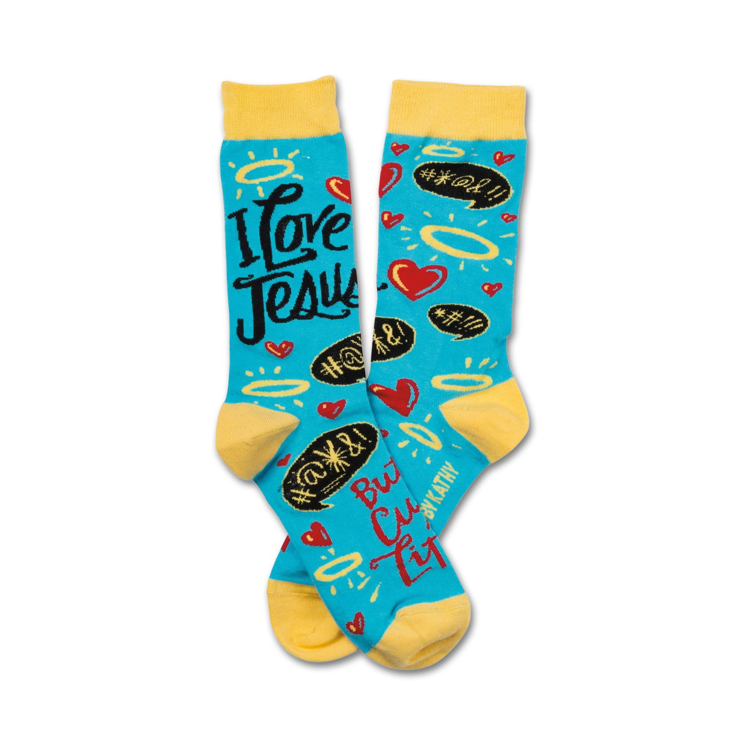 Crew socks in teal with yellow cuffs.  The design features the phrase 'I Love Jesus' along with hearts, halos, and speech bubbles with playful hashtags.