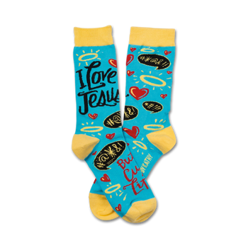 Crew socks in teal with yellow cuffs.  The design features the phrase 'I Love Jesus' along with hearts, halos, and speech bubbles with playful hashtags.