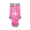 Pair of pink crew socks with a sloth graphic and the text 'Nap all day, sleep all night'.  Grey cuffs. 