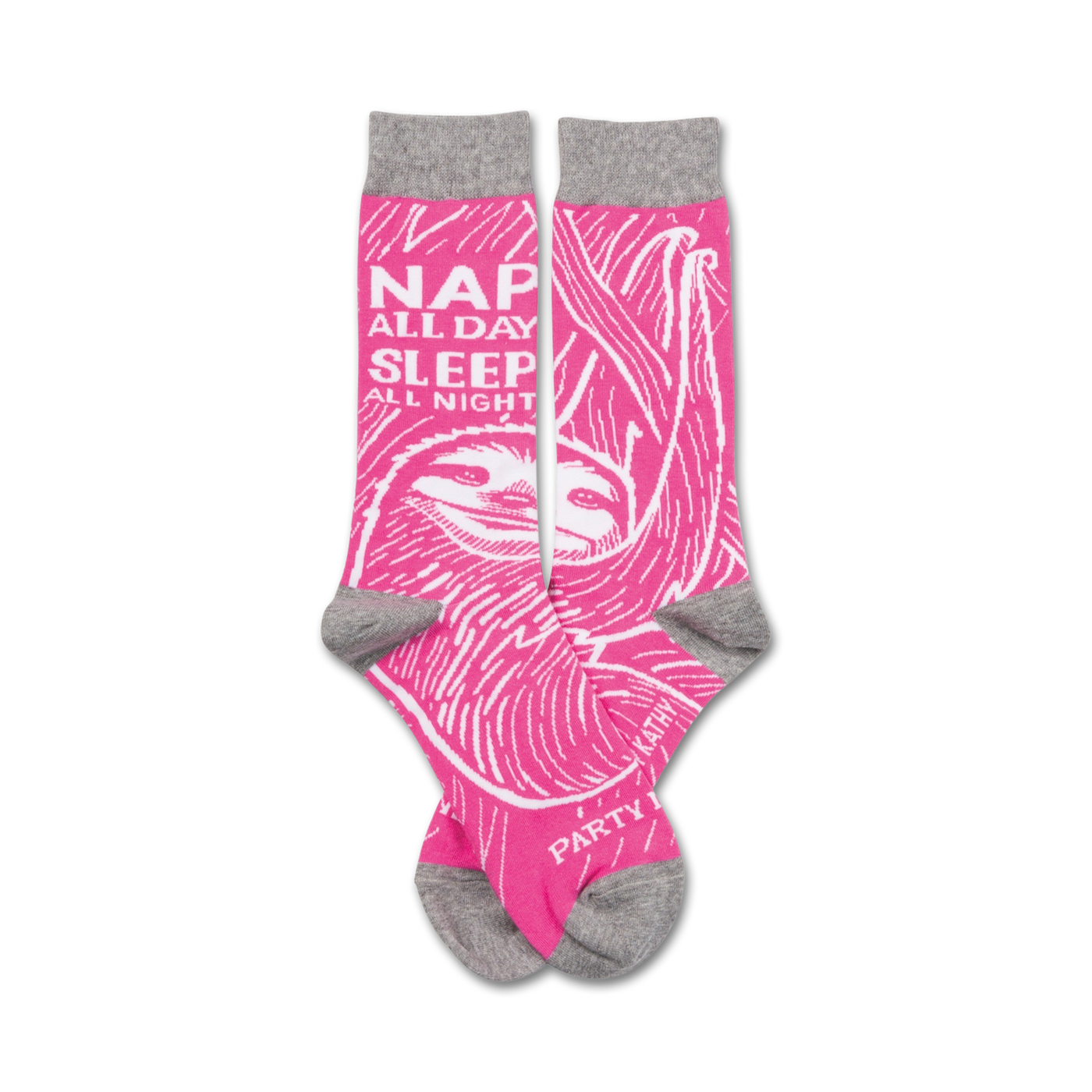 Pair of pink crew socks with a sloth graphic and the text 'Nap all day, sleep all night'.  Grey cuffs. 