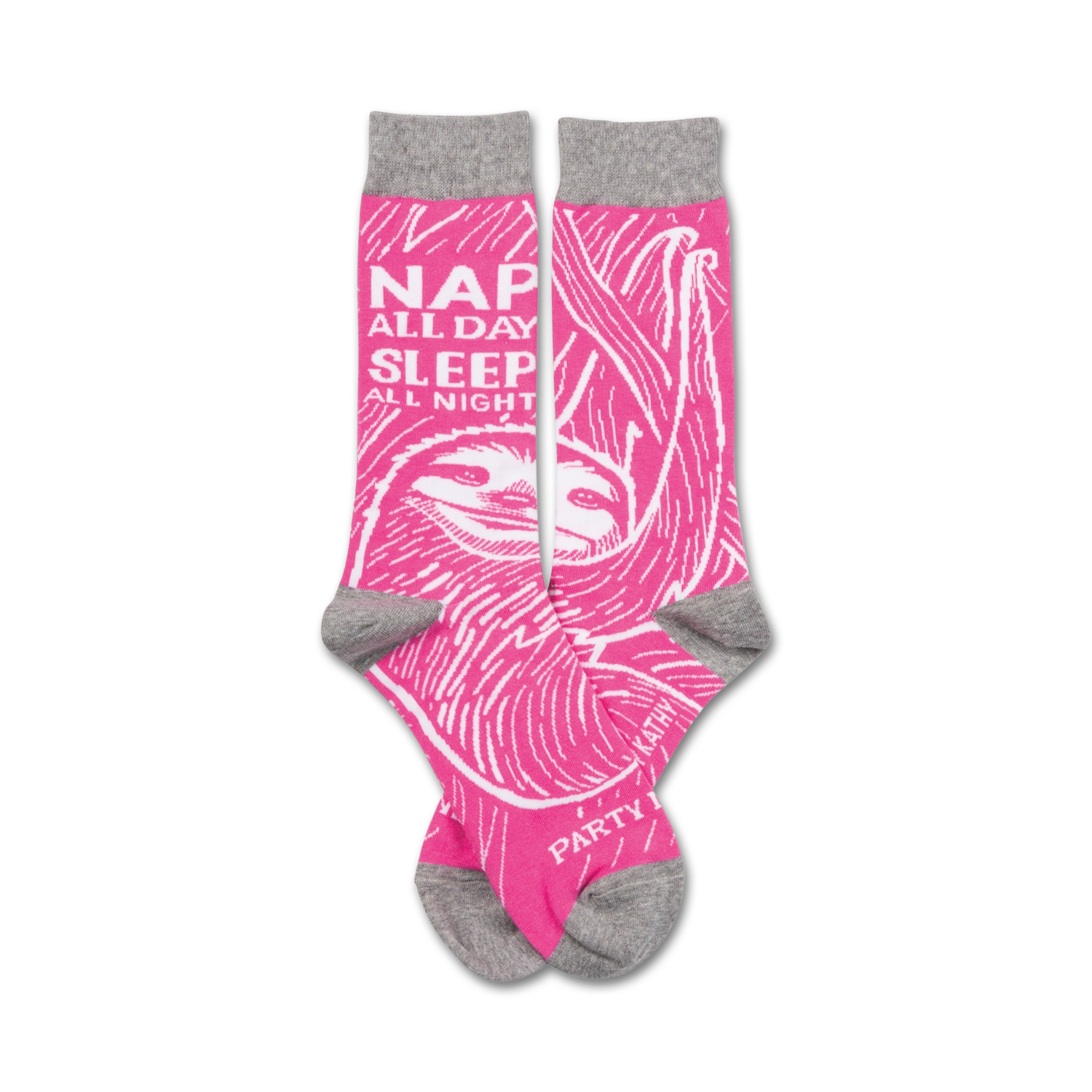 Pair of pink crew socks with a sloth graphic and the text 'Nap all day, sleep all night'.  Grey cuffs. 