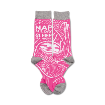 party never sloth themed womens pink novelty crew socks