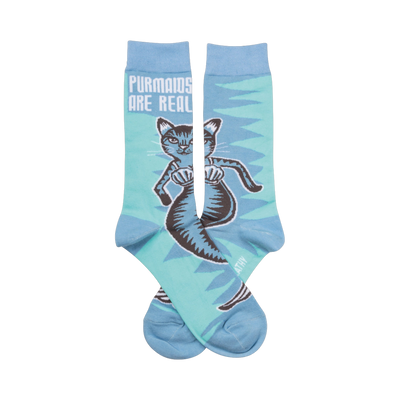 Crew socks featuring a teal blue background, a striped cat-mermaid design, and the text 'Purmaids are real'.