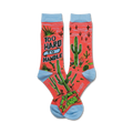 Pair of coral crew socks with cacti and 'Too Hard To Handle' text. Light blue cuffs.
