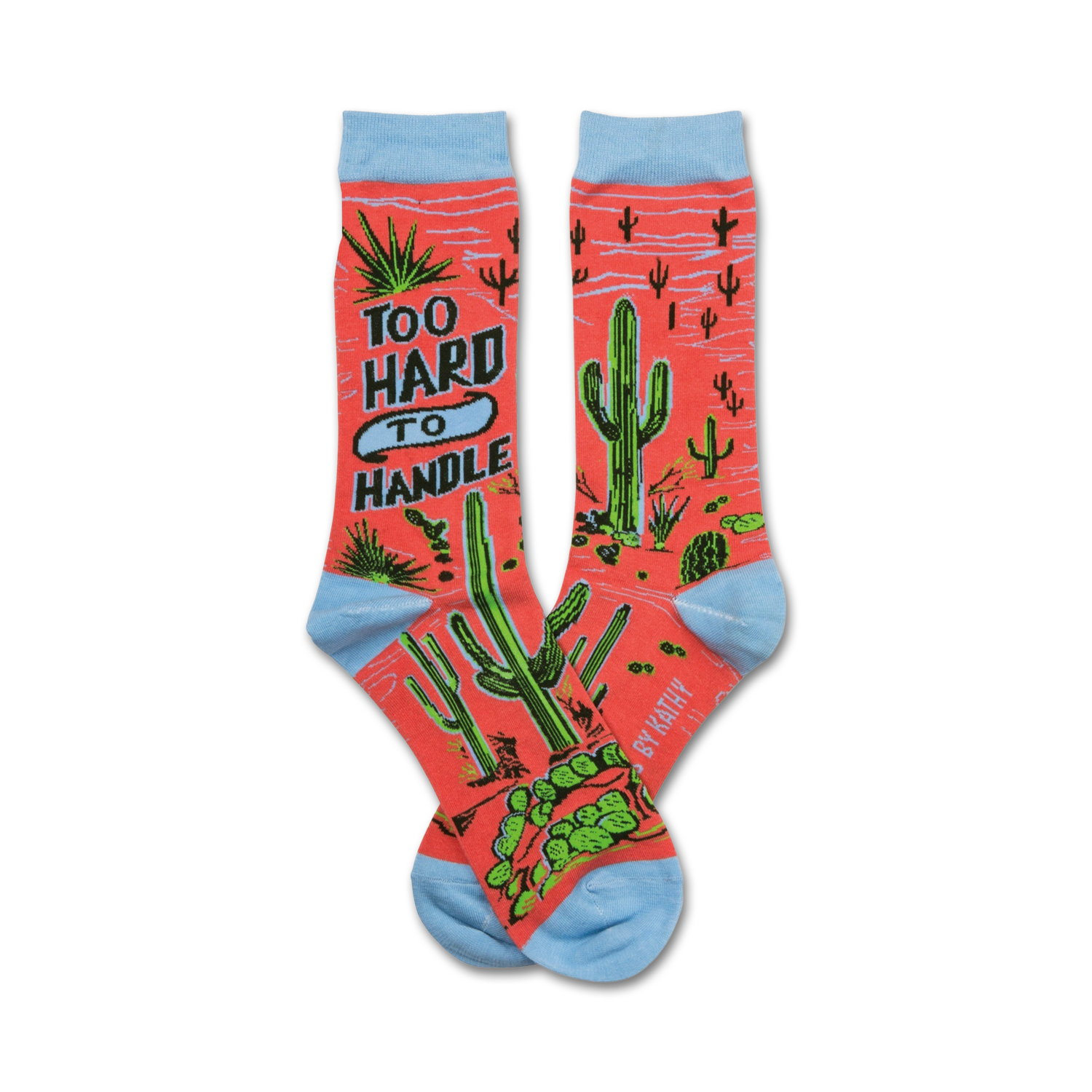 Pair of coral crew socks with cacti and 'Too Hard To Handle' text. Light blue cuffs.