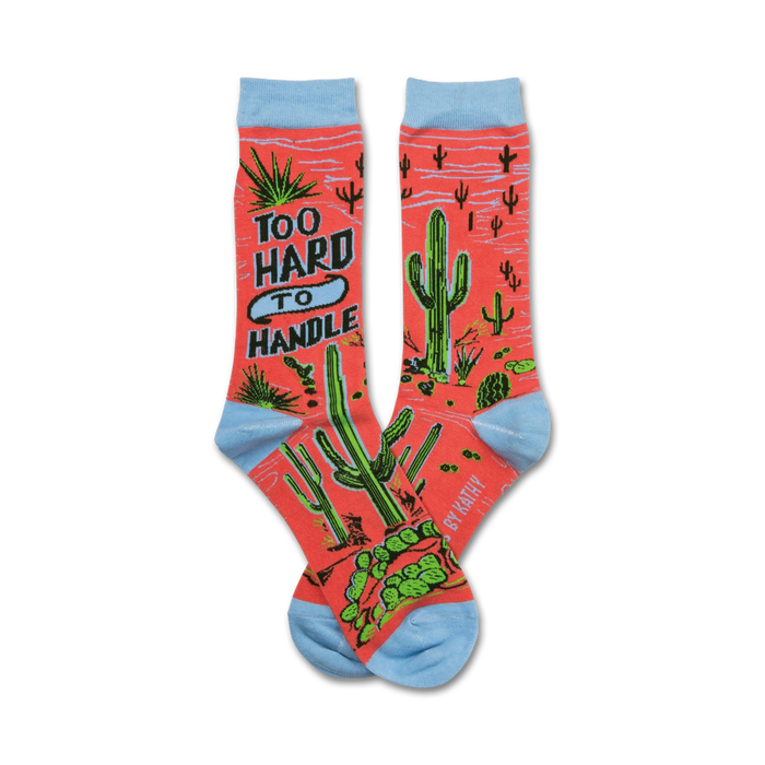 red and blue crew socks with a pattern of cacti and the words 