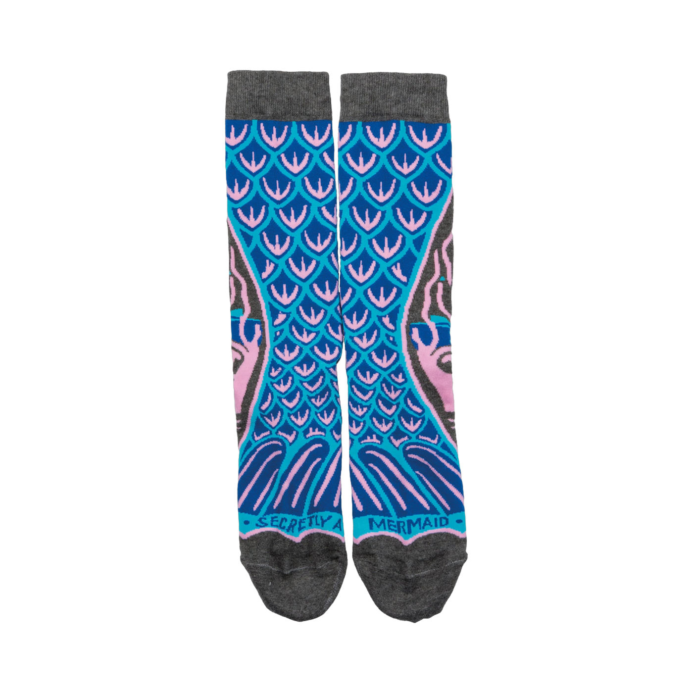 A pair of crew socks with a teal and pink mermaid tail design. The cuffs are grey and the words 'Secretly a Mermaid' are on the bottom.