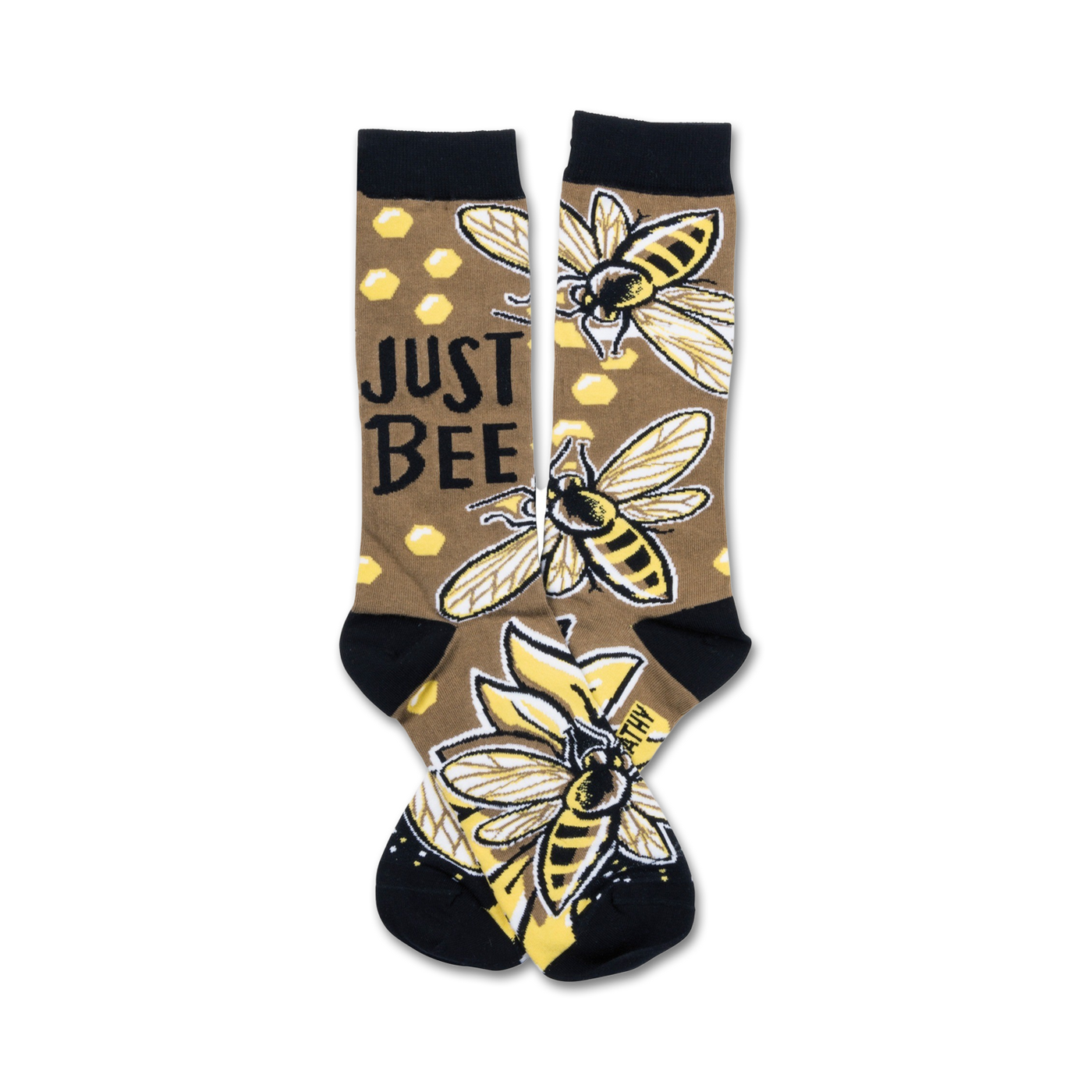 A pair of crew socks with a brown background, yellow and black bees, honeycombs, and the text 'Just Bee'.