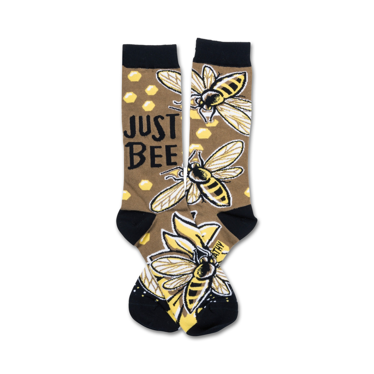 A pair of crew socks with a brown background, yellow and black bees, honeycombs, and the text 'Just Bee'.