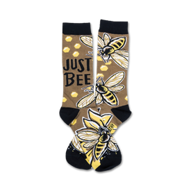 brown crew socks with yellow and black honeycomb and bee design.   