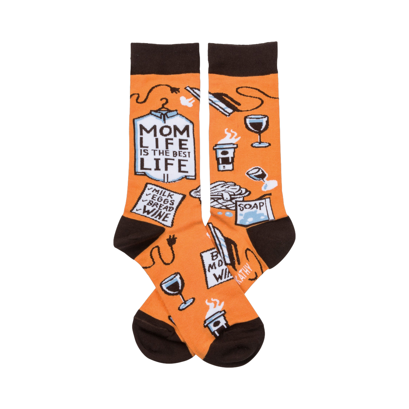 A pair of orange crew socks with a brown cuff. The socks show illustrations of coffee, wine, laundry, and a shopping list that says 'Mom Life is the Best Life'.