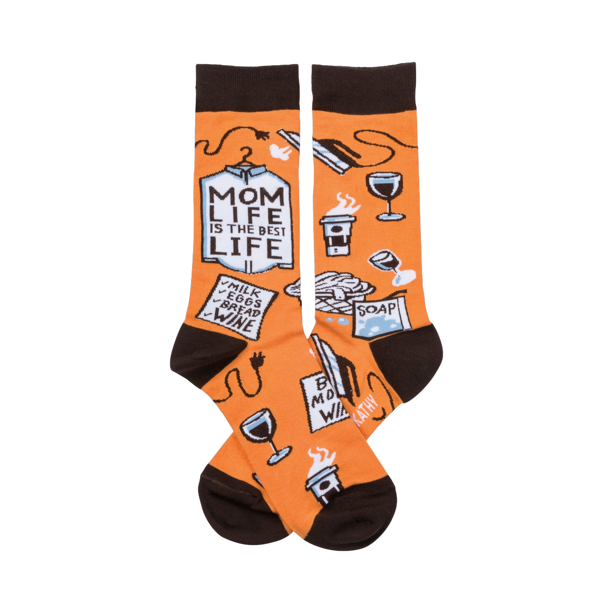 A pair of orange crew socks with a brown cuff. The socks show illustrations of coffee, wine, laundry, and a shopping list that says 'Mom Life is the Best Life'.