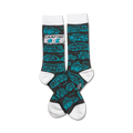 A pair of crew socks in dark gray with teal camper vans and the words 'Camping Socks'. White cuffs.