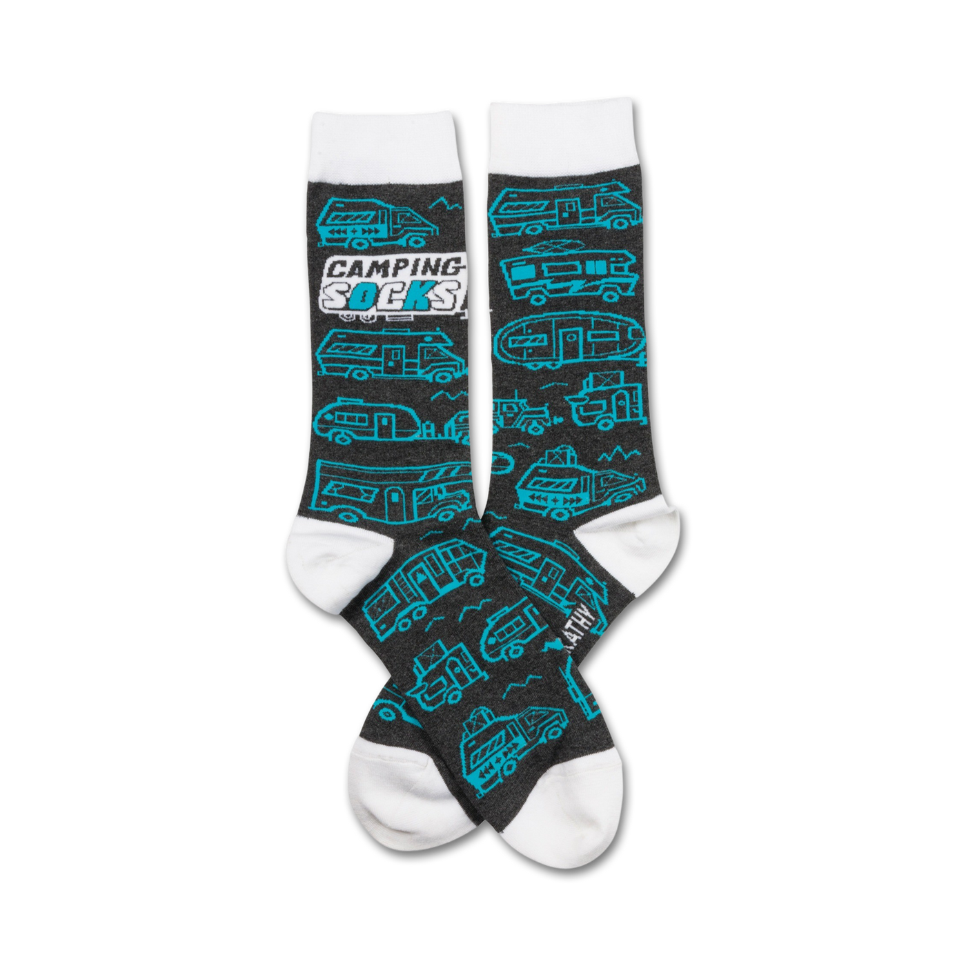 A pair of crew socks in dark gray with teal camper vans and the words 'Camping Socks'. White cuffs.