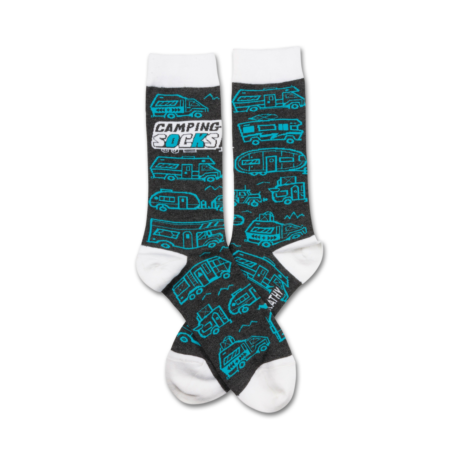 A pair of crew socks in dark gray with teal camper vans and the words 'Camping Socks'. White cuffs.