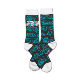 gray crew socks with white toe, heel, and top feature a pattern of blue and black campers (vans, trailers, rvs)  
