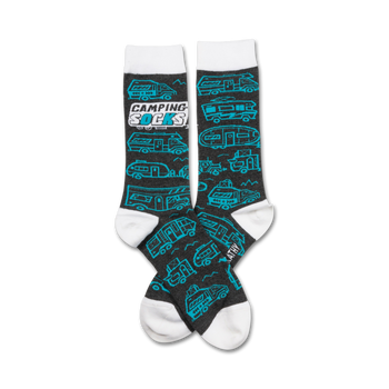gray crew socks with white toe, heel, and top feature a pattern of blue and black campers (vans, trailers, rvs)  