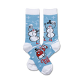 Crew socks with a light blue background featuring festive snowmen designs in white and red. The socks say 'Christmas Cheer'.